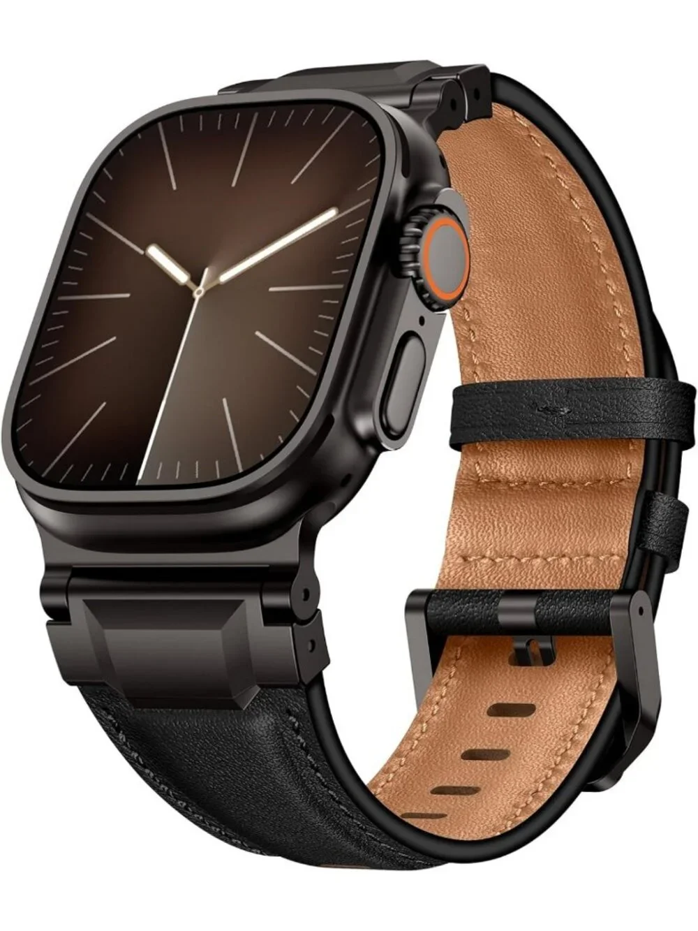 Genuine Leather Apple Watch Band for Men, 49mm-42mm, Metal Connector, Black